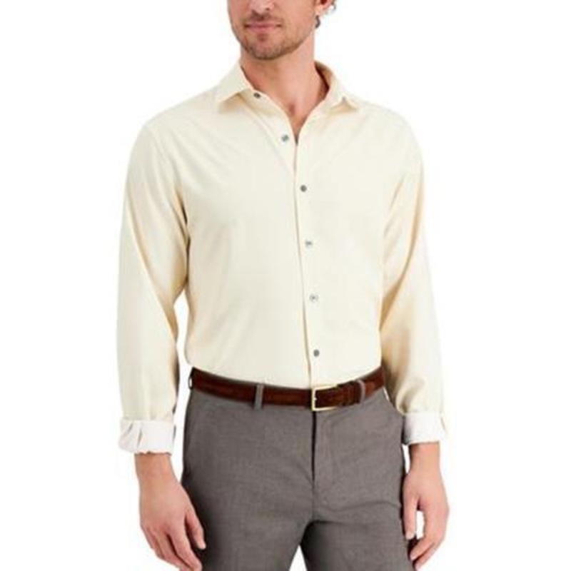 Alfani Men's Slim Fit 4-Way Stretch Geo Print Dress Shirt Tan 17-17.5/34-35