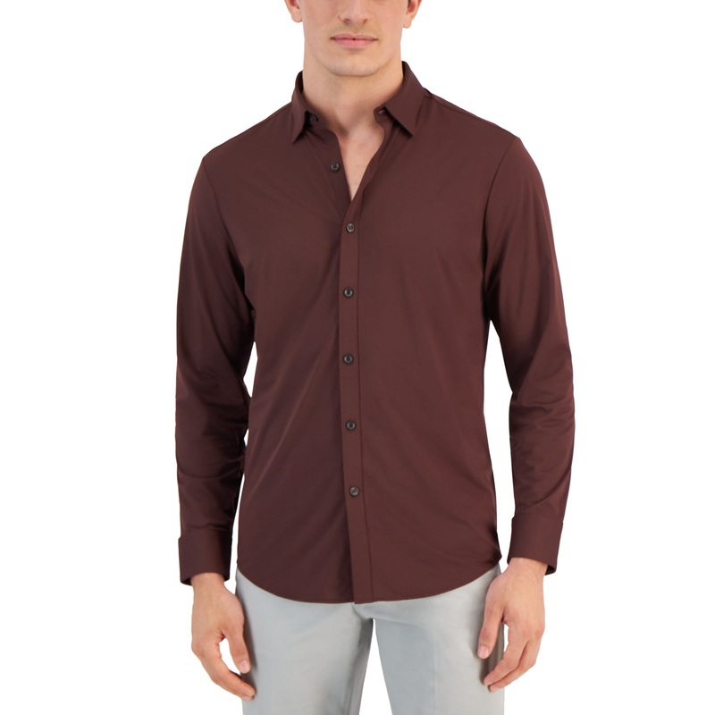 Alfani Mens Alfatech Dyed Long Sleeve Button Down Shirt Maroon Banner Medium