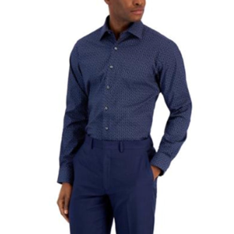 Alfani Mens Angled Geo-Print Dress Shirt Navy Light Blue 17-17.5/34-35