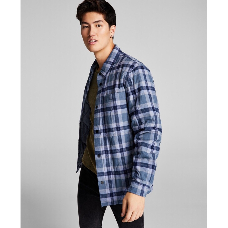 And Now This Men's Plaid Shirt Jacket Button Down Navy Blue XL