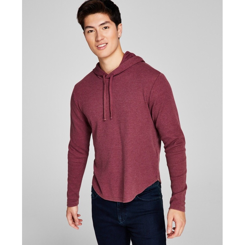 And Now This Men's Waffle Knit Pullover Thermal Hooded Shirt Burgundy Medium
