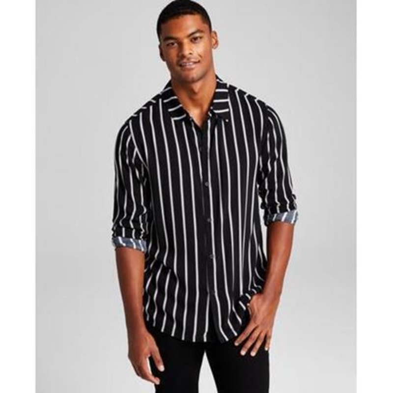 And Now This Mens Striped Long Sleeve Resort Shirt Black White Small