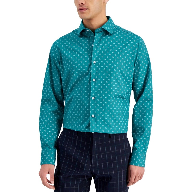 Bar III Men's Organic Cotton Medallion Slim Fit Button-Down Shirt Green Medium