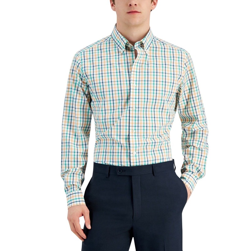 Club Room Men's Plaid Button Down Dress Shirt White Orange Navy Small