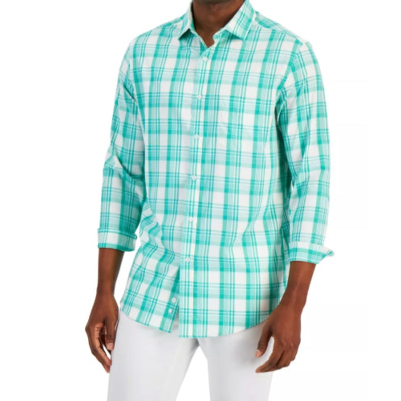 Club Room Men's Regular-Fit Plaid Shirt Long Sleeve Fiji Green Medium