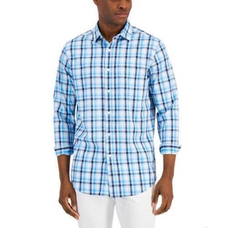 Club Room Mens Drew Tattersall Button Down Shirt Skysail Blue 2XL