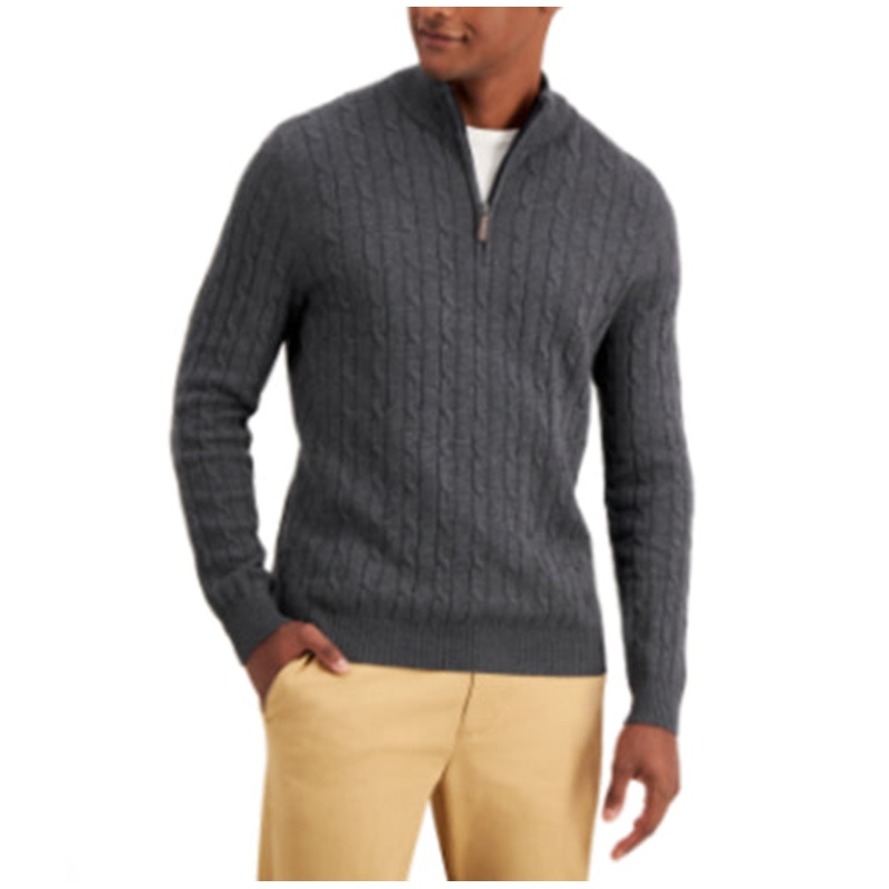 Club Room Mens Quarter-Zip Cable-Knit Sweater Charcoal Heather XL
