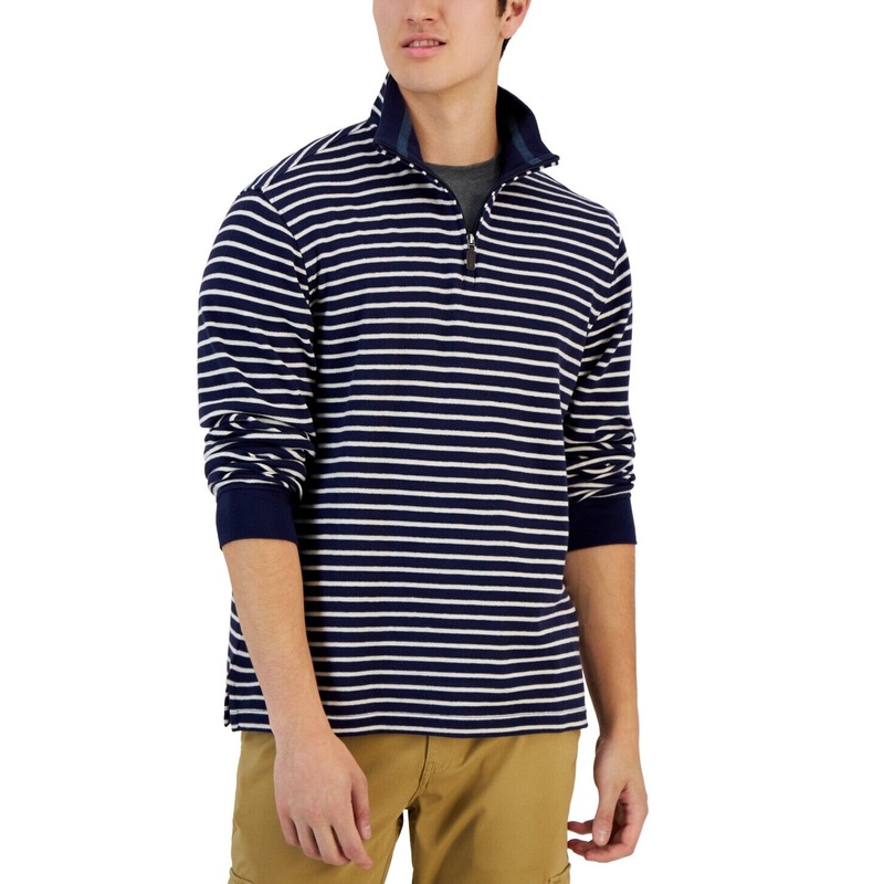 Club Room Mens Quarter Zip Sweater Blue Striped Small