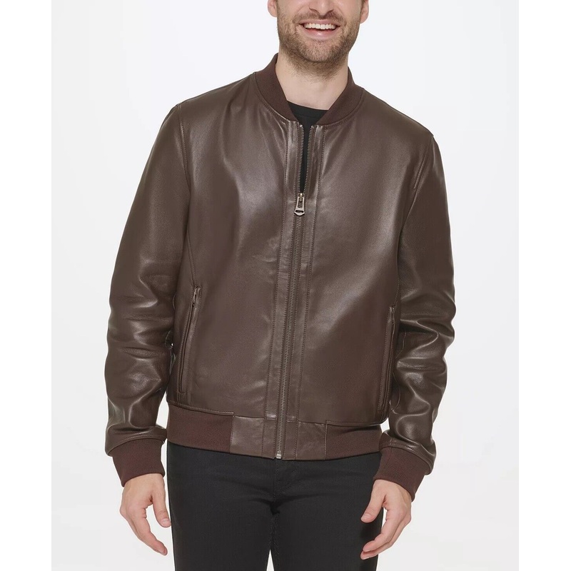 Cole Haan Men's Bonded Leather Varsity Jacket Small Java Brown