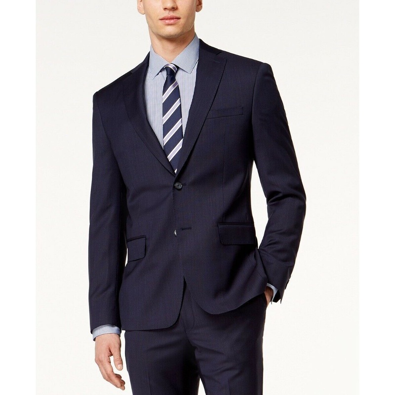 DKNY Mens Modern-Fit Stretch Textured Mini Striped Suit Jacket 38L Navy Blue