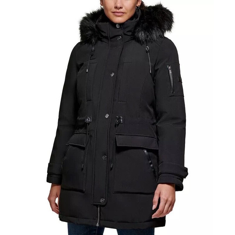 DKNY Women's Hooded Parka Coat Small Black NO FUR