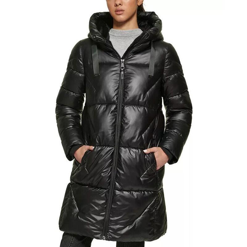 DKNY Women's Shine Hooded Puffer Coat Black Large