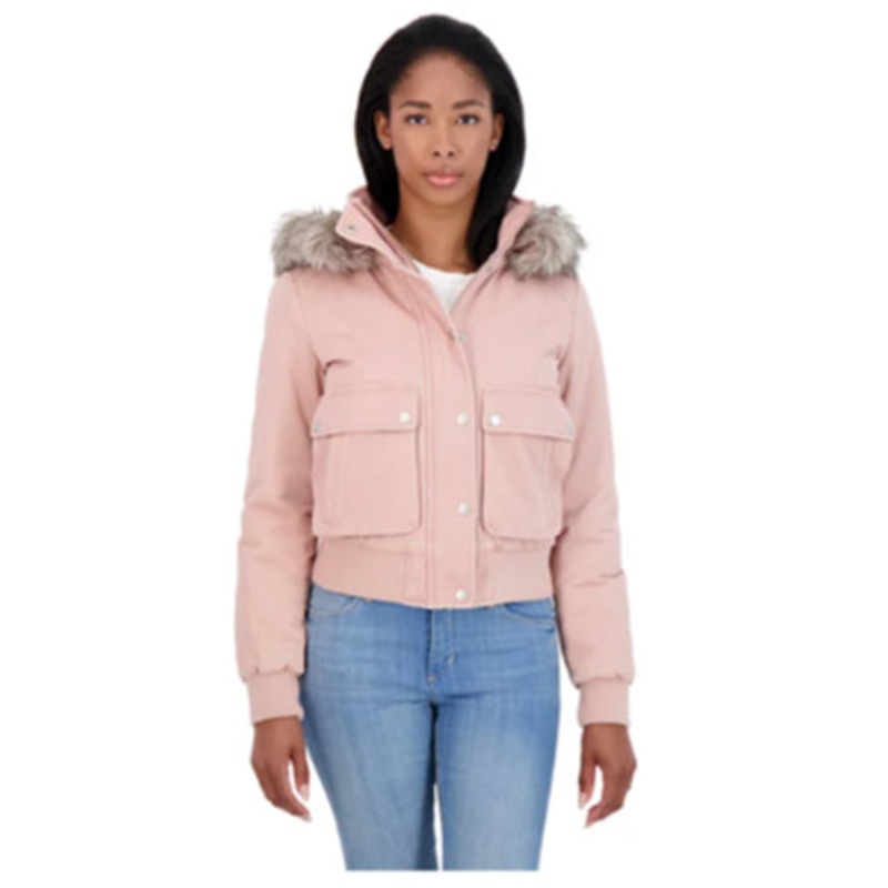 SEBBY Junior's Girls Faux-Fur Trim Hooded Bomber Jacket Large Blush PInk