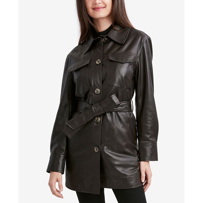 TAHARI Women's Liv Leather Shirt Jacket Black Size XS NO BELT