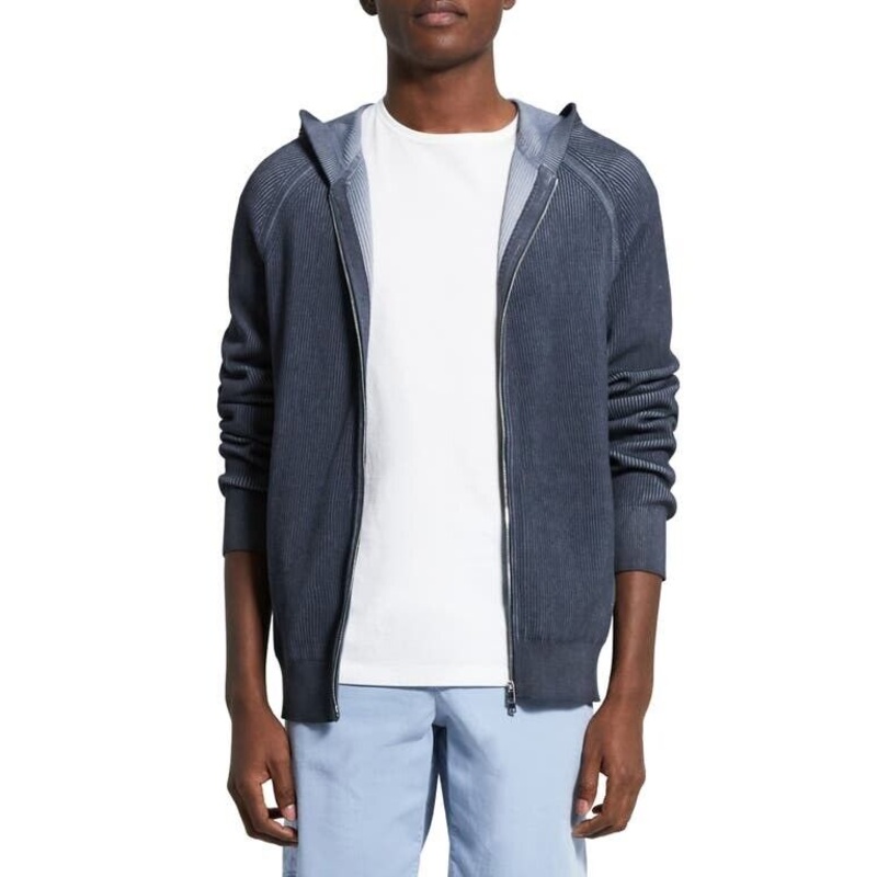 Theory Mens Jaipur Cotton Blend Ribbed Knit Full Zip Hooded Sweratshirt XL Grey