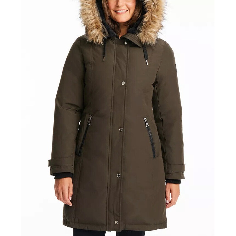 VINCE CAMUTO Women's Faux-Fur-Trim Hooded Parka Coat XS Olive Green