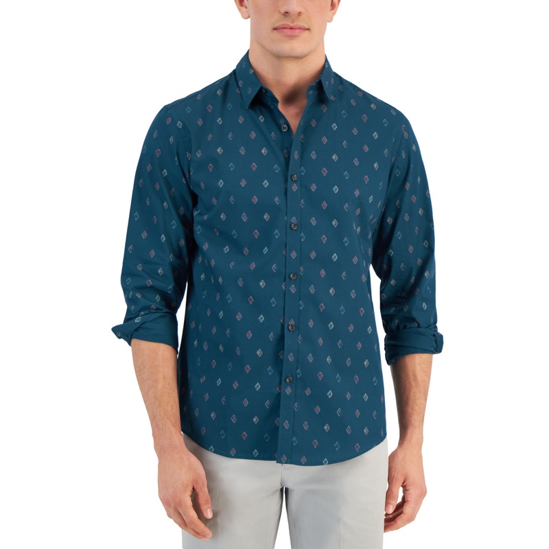 Alfani Men's Fulano Diamond Print Long Sleeve Button Down Shirt Blue Gem Large