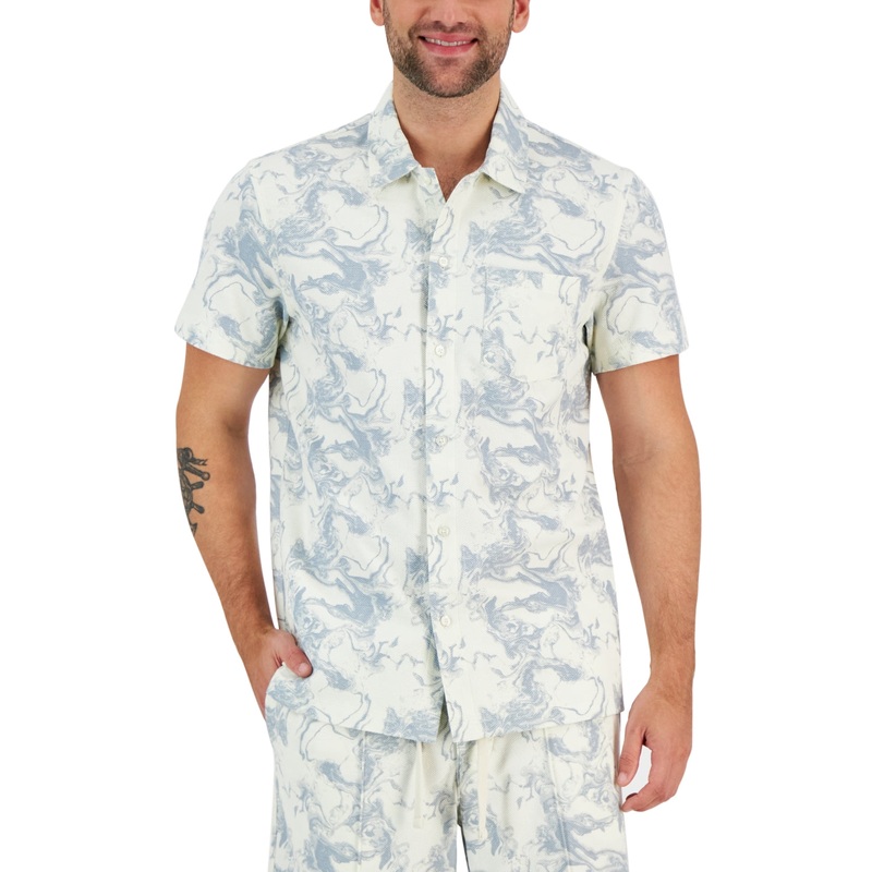 Alfani Men's Short Sleeve Oversized Marble Pique Button Down Shirt White Large