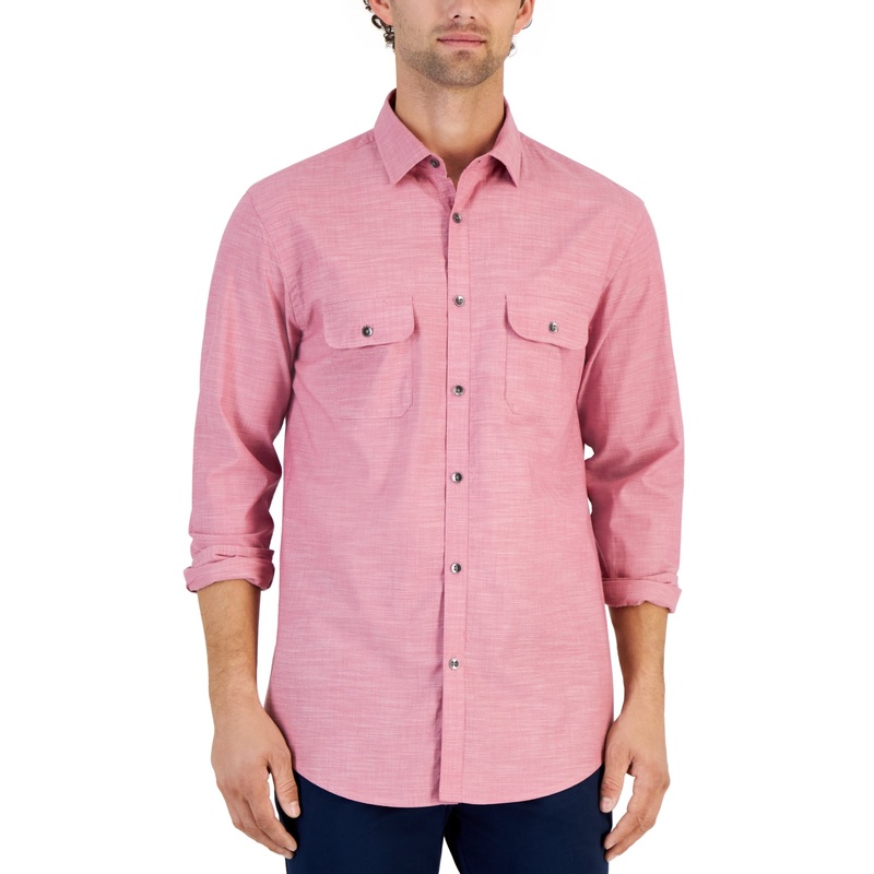 Alfani Mens Regular Fit Solid Button Down Shirt Smudge Cranberry Medium
