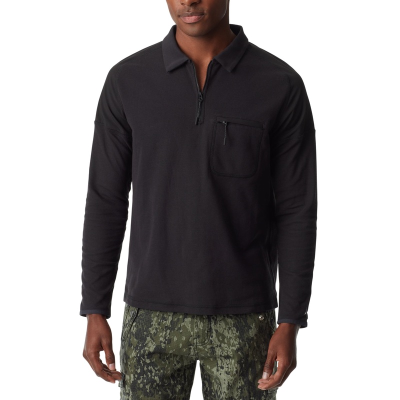 BASS OUTDOOR Mens Long Sleeve Pique Polo Shirt Caviar Large