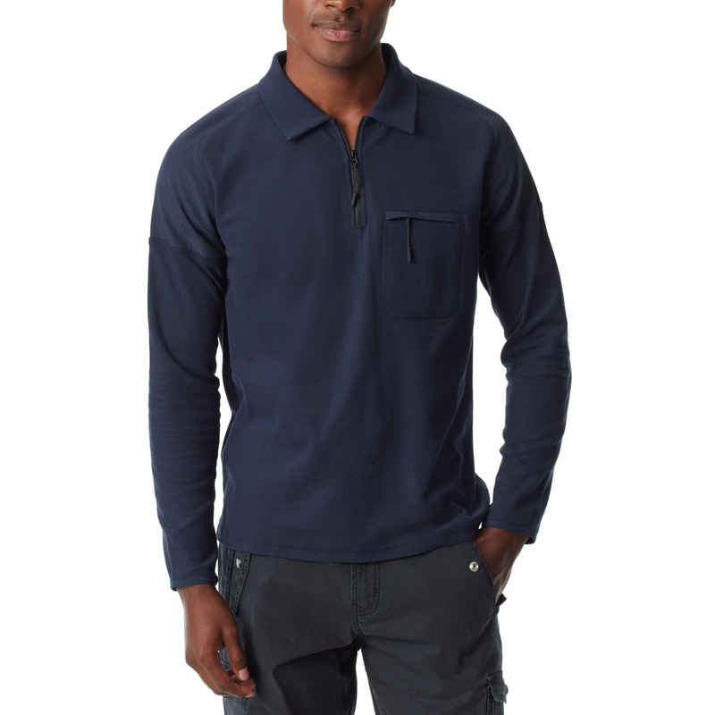 BASS OUTDOOR Mens Long Sleeve Pique Polo Shirt Navy Blue Small