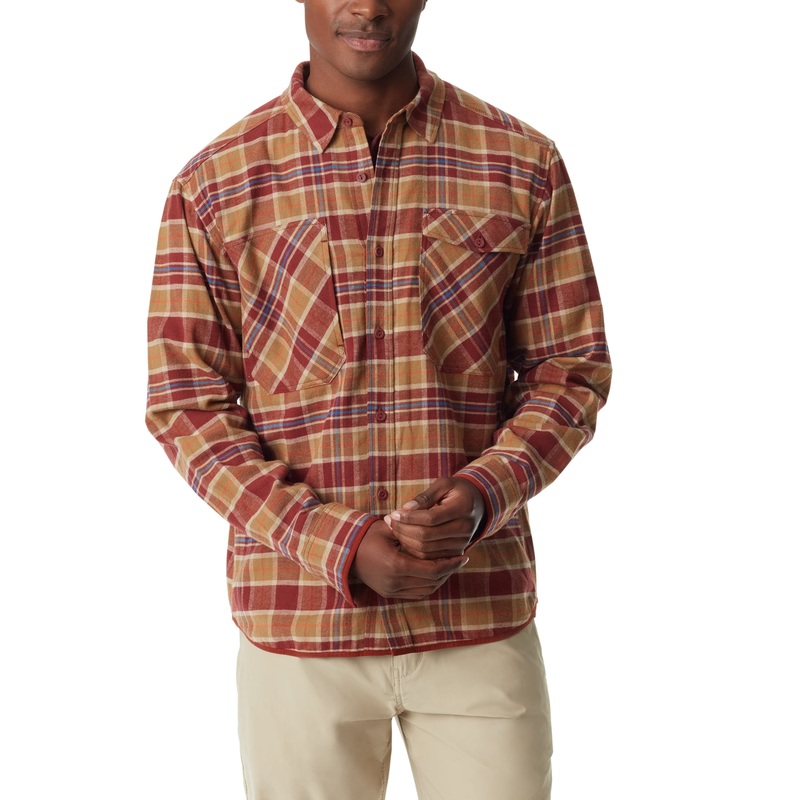BASS OUTDOOR Mens Stretch Flannel Button Down Shirt Fired Brick Core Plaid Large