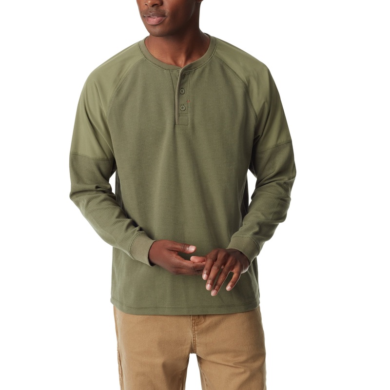 Bass Outdoor Mens Thermal Raglan Sleeve Henley Shirt Deep Lechen Green Large