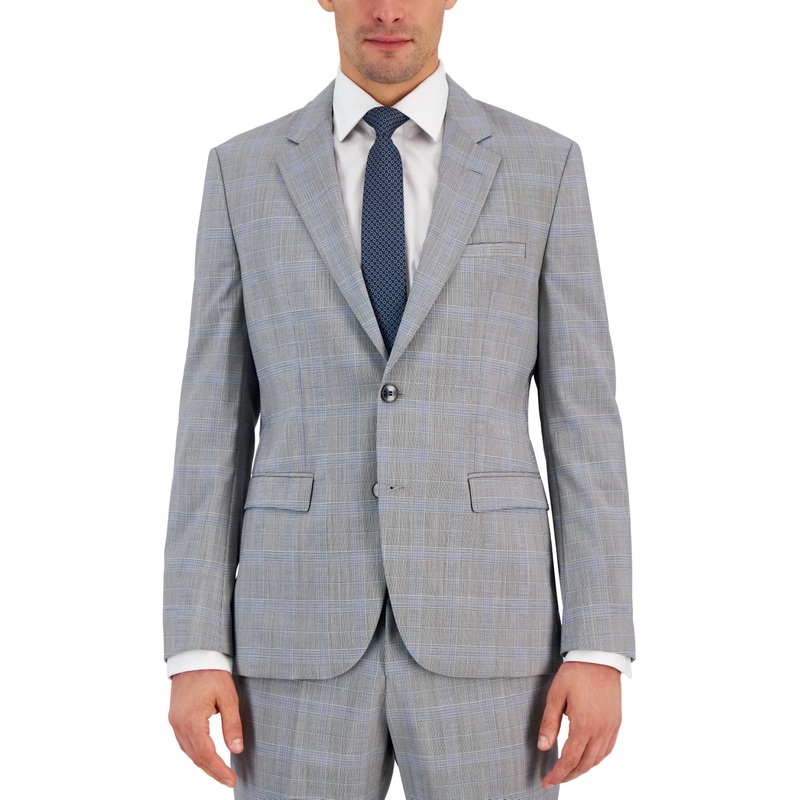 Hugo by Hugo Boss Men's Modern-Fit Plaid Wool Suit Jacket 44R Grey Plaid