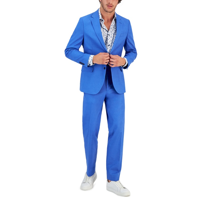 NAUTICA Men's Suit 42R / 36 x 32 Royal Blue Modern-Fit Cotton Linen Blend