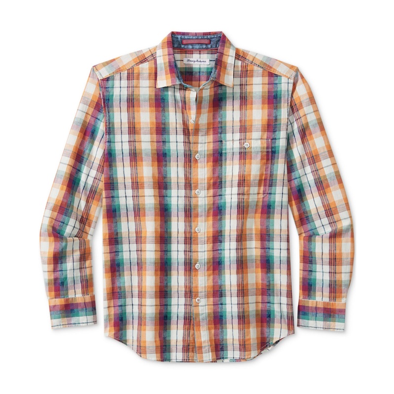 Tommy Bahama Mens Indigo Coast Check Button Down Shirt Peach Melt Large