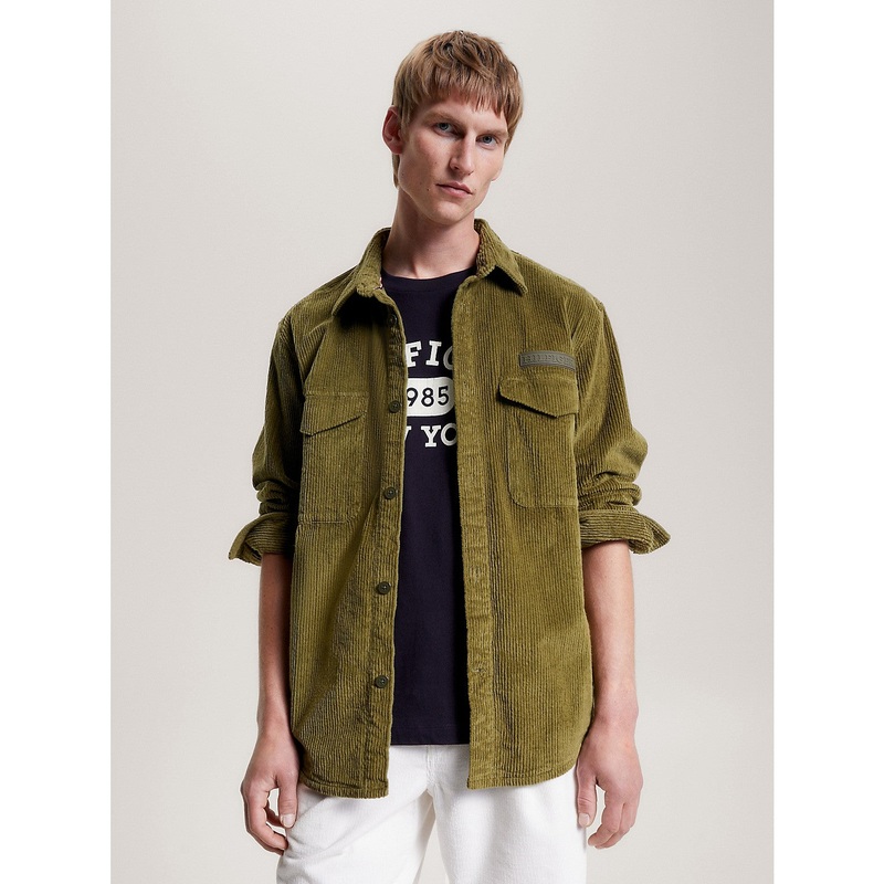 Tommy Hilfiger Men's Long Sleeve Button Front Corduroy Overshirt Green XL