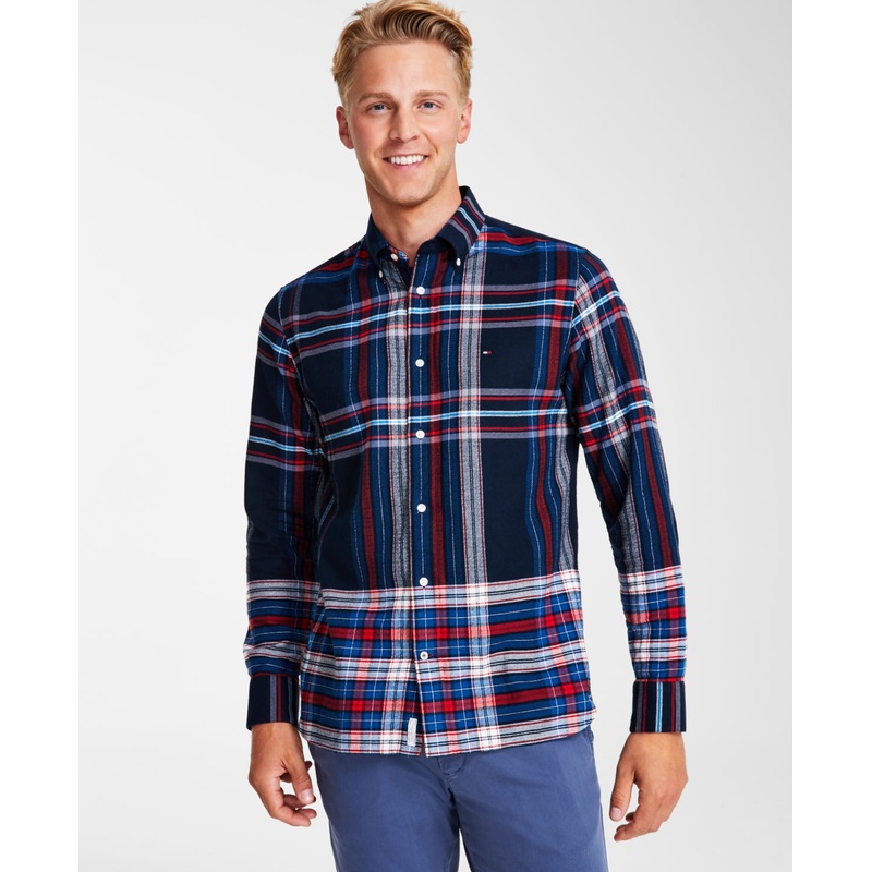 Tommy Hilfiger Mens Gradient Check Regular Fit Button Down Shirt Indigo XL