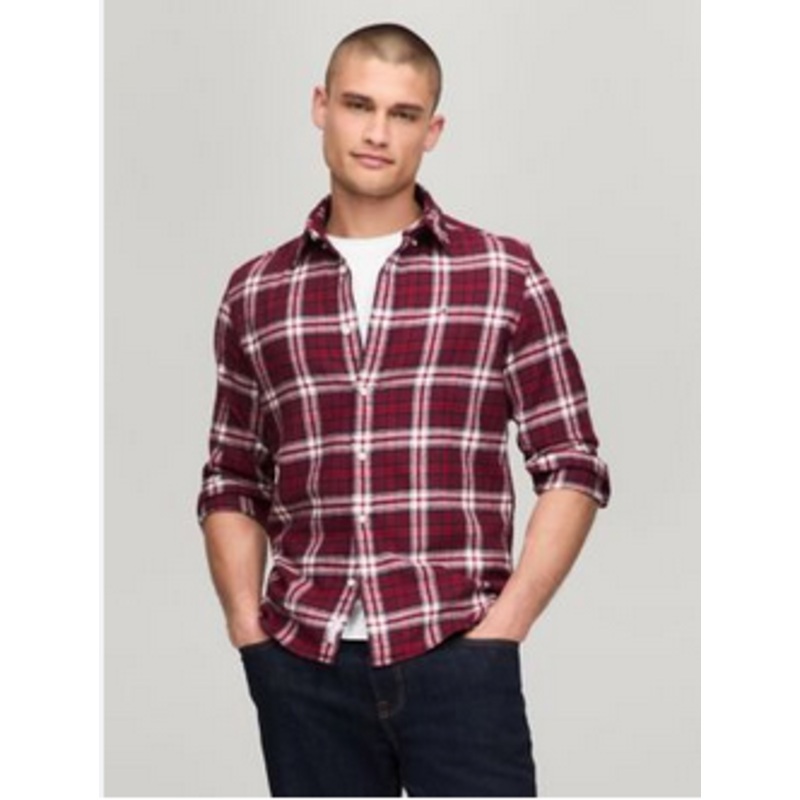 Tommy Hilfiger Mens Regular Fit Brushed Plaid Button Down Shirt Rouge XL
