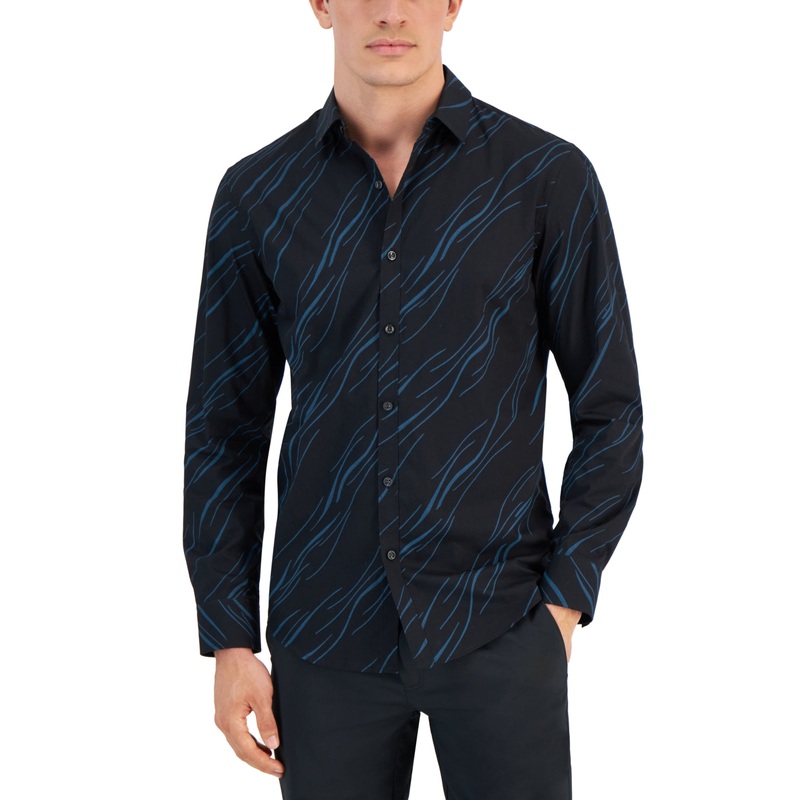 Alfani Men's Abstract Print Long Sleeve Shirt Button Down Deep Black Large