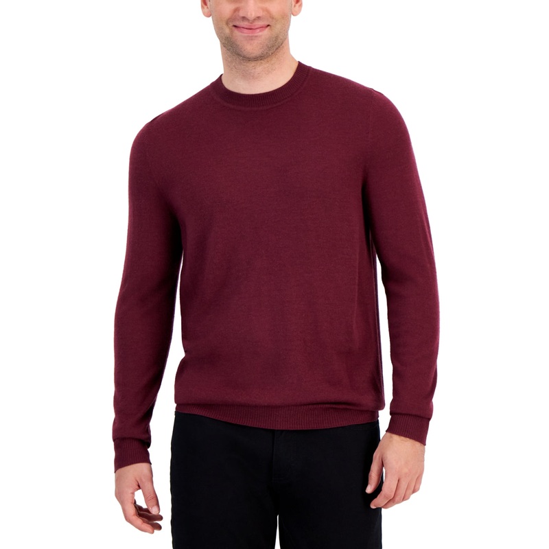 Alfani Men's Long Sleeve Crewneck Merino Sweater Maroon Banner Red Medium