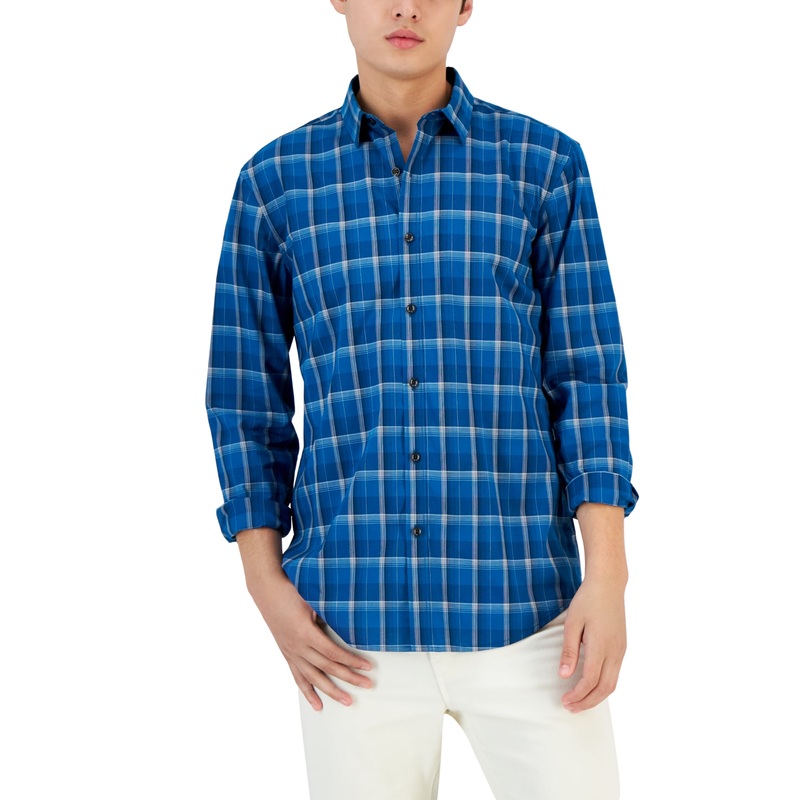 Alfani Men's Plaid Button Down Shirt True Teal Blue Combo Large