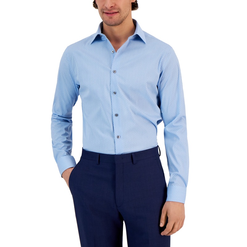 Alfani Men's Regular Fit Pinflower Geo Print Dress Shirt Blue 17 17.5 34 35