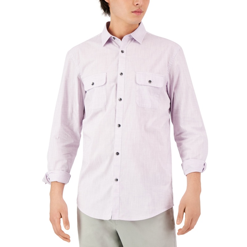 Alfani Men's Regular Fit Solid Button Down Shirt Grape Purple Large