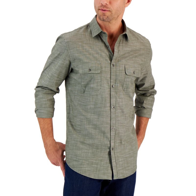 Alfani Men's Regular Fit Solid Button Down Shirt Green XXL