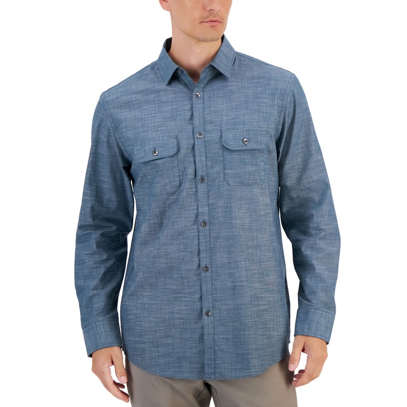 Alfani Men's Regular Fit Solid Button Down Shirt Twill Beige Large