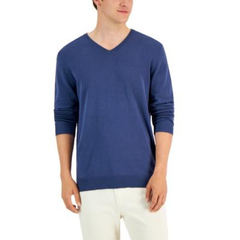 Alfani Men's Solid V Neck Cotton Sweater Blue Nite Escape Medium