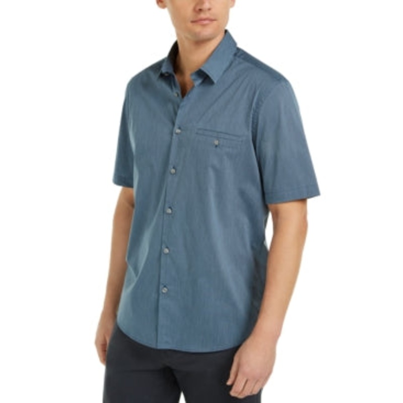 Alfani Men's Stretch Modern Short Sleeve Button Down Shirt Blue Stripe Large