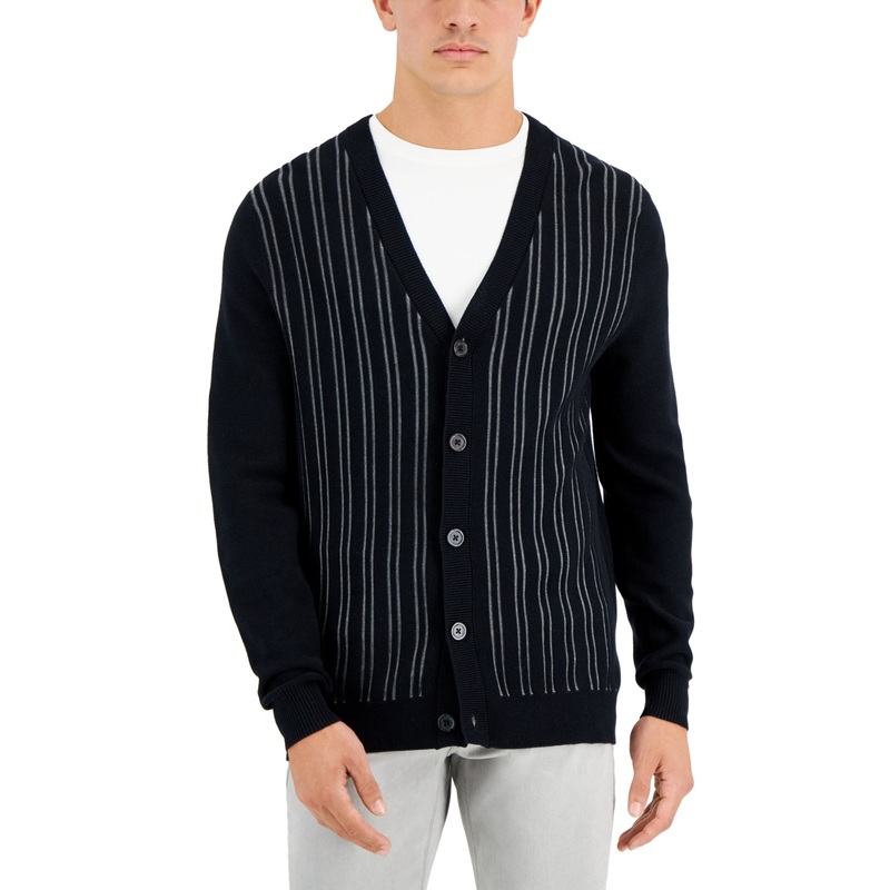 Alfani Mens Stripe V Neck Cardigan Sweater Black  XL