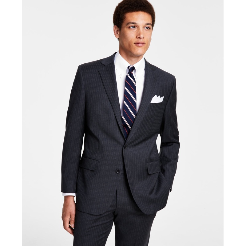 B by Brooks Brothers Men Classic-Fit Stretch Wool Suit Jacket 44L Grey Pinstripe