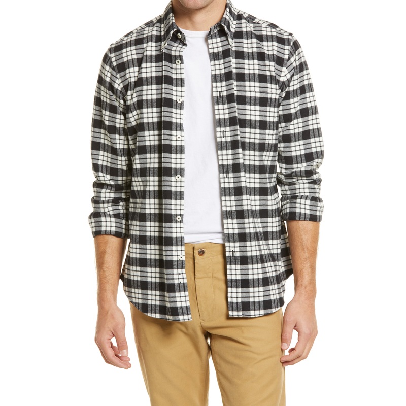 Brooks Brothers Mens Regent Fit Plaid Flannel Button Down Shirt White Black Medium