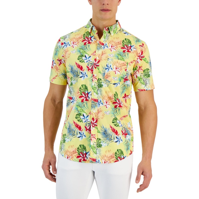 Club Room Men's Short Sleeve Button Down Print Shirt Yellow Multi Yellow Large
