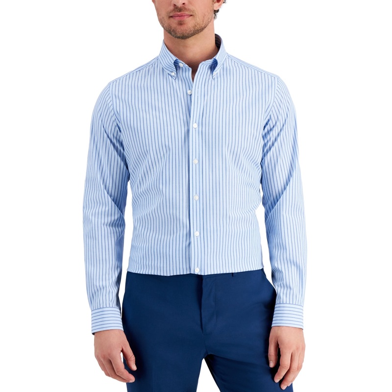 Club Room Men's Slim Fit 4 Way Stretch Stripe Dress Shirt Blue Medium