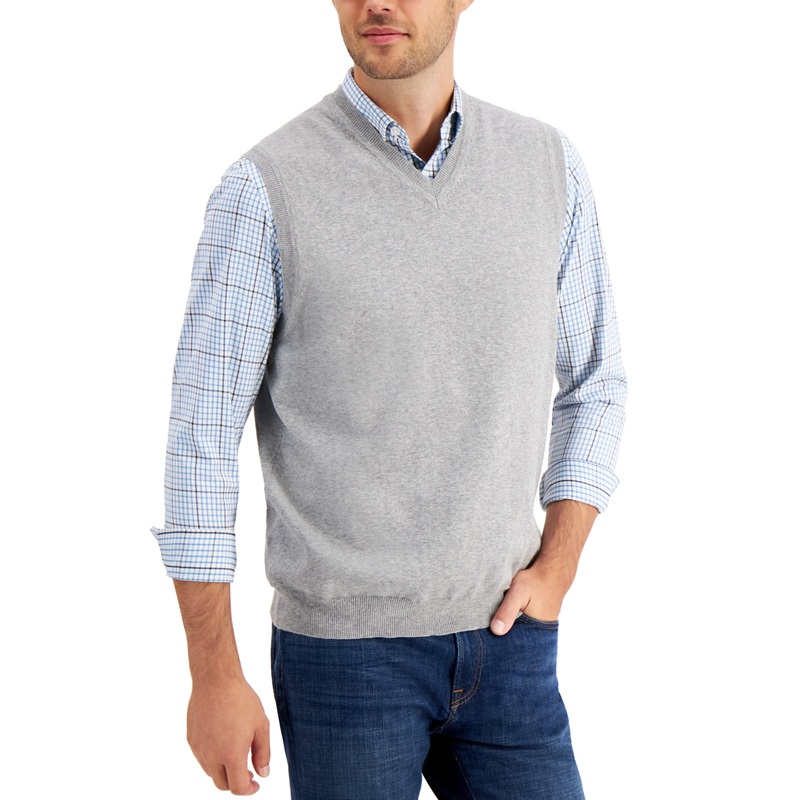 Club Room Men's Solid V Neck Sweater Vest Soft Grey Heather Large