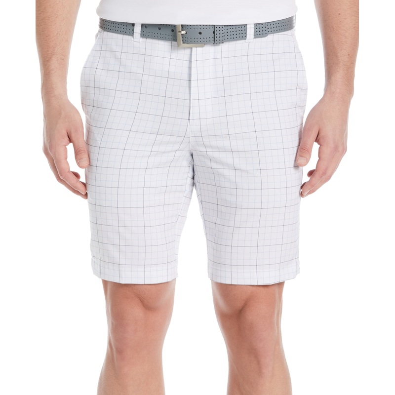 Pga Tour Men's Flat Front Vacation Plaid 9 Inseam Golf Shorts Bright White 36