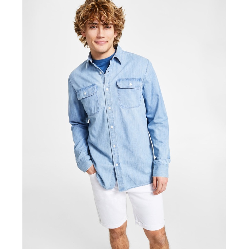 Sun Stone Men's Jesse Regular Fit Button Down Denim Shirt Blue Small